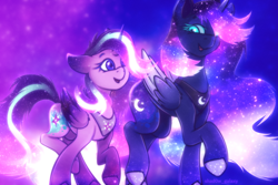 Size: 3000x2000 | Tagged: safe, artist:shad0w-galaxy, derpibooru import, princess luna, starlight glimmer, alicorn, pony, alicornified, alternate design, ethereal mane, female, folded wings, horn, jewelry, lesbian, mare, race swap, regalia, shiny, shipping, simple background, starlicorn, starluna, starry eyes, starry mane, stars, walking, wingding eyes, wings, xk-class end-of-the-world scenario