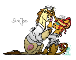 Size: 500x400 | Tagged: safe, artist:eqq_scremble, derpibooru exclusive, derpibooru import, donut joe, sunset shimmer, unicorn, chef's hat, cloven hooves, crack shipping, donutshimmer, duo, female, hat, laughing, leonine tail, male, shipping, simple background, sketch, straight, tail, tongue, tongue out, white background