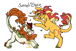 Size: 600x400 | Tagged: safe, artist:eqq_scremble, derpibooru exclusive, derpibooru import, autumn blaze, sunset shimmer, kirin, unicorn, autumnshimmer, cloven hooves, crack shipping, crouching, duo, female, laughing, leonine tail, lesbian, playing, rearing, shipping, simple background, tail, white background