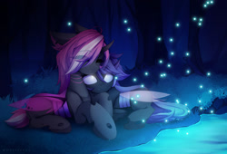 Size: 1500x1022 | Tagged: safe, artist:shavurrr, derpibooru import, oc, changeling, firefly (insect), insect, complex background, cute, duo, duo female, female, forest, lake, light, pink changeling, purple changeling, water