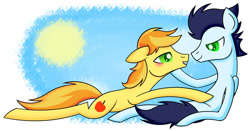 Size: 1235x647 | Tagged: safe, artist:aryannahoshi, derpibooru import, braeburn, soarin', earth pony, pegasus, pony, blushing, duo, gay, hoof on chin, looking at you, lying down, male, prone, raised hoof, raised leg, shipping, sitting, soarburn, stallion