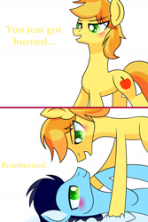 Size: 1600x2400 | Tagged: safe, artist:aryannahoshi, derpibooru import, braeburn, soarin', earth pony, pegasus, pony, 2 panel comic, blushing, comic, duo, gay, looking at each other, looking at someone, lying down, male, on back, open mouth, shipping, simple background, soarburn, stallion, white background