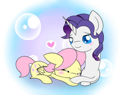 Size: 1020x784 | Tagged: safe, artist:aryannahoshi, derpibooru import, butterscotch, elusive, fluttershy, rarity, pegasus, pony, unicorn, alternate hairstyle, blushing, bubble, buttersive, duo, eyes closed, flarity, gay, heart, lying down, male, prone, rule 63, shipping, stallion