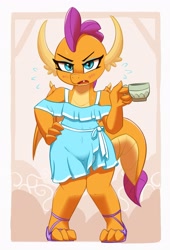 Size: 2289x3362 | Tagged: safe, artist:pabbley, derpibooru import, smolder, dragon, bare shoulders, blushing, clothes, cup, dragoness, dress, female, frown, hand on hip, high res, looking at you, open mouth, sandals, smoldere, solo, sweat, teacup, tsundere, wide hips