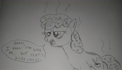 Size: 4036x2319 | Tagged: safe, anonymous artist, ponerpics import, oc, oc:oatmeal, earth pony, pony, 4chan, dialogue, female, food, mare, monochrome, oatmeal, oats, open mouth, pencil drawing, traditional art, unamused