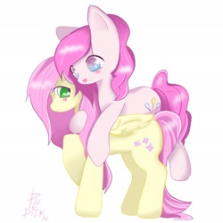 Size: 2048x2048 | Tagged: safe, artist:ppledik, derpibooru import, fluttershy, pinkie pie, earth pony, pegasus, pony, blushing, cute, diapinkes, duo, female, hug, implied flutterpie, mare, shyabetes, signature, simple background, white background