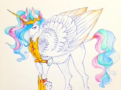 Size: 3000x2224 | Tagged: safe, artist:heavenart0, derpibooru import, princess celestia, alicorn, pony, armor, colored wings, colored wingtips, crown, feathered fetlocks, female, hair over one eye, jewelry, leonine tail, mare, peytral, redesign, regalia, shin guards, simple background, solo, tail, traditional art, wings