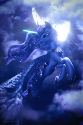 Size: 3840x5760 | Tagged: safe, artist:etherium-apex, princess luna, alicorn, pony, 3d, blender, blender eevee, cloud, female, flying, glowing horn, horn, mare, moon, night, night sky, sky, solo