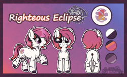 Size: 2500x1524 | Tagged: safe, artist:helithusvy, oc, oc:righteous eclipse, oc:zorse, hybrid, pony, zony, character sheet, cute, female, mare, red mane, solo, stripes, zony oc, zorse