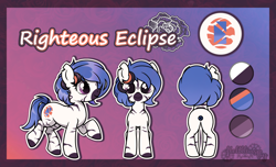 Size: 2500x1524 | Tagged: safe, artist:helithusvy, oc, oc:righteous eclipse, oc:zorse, hybrid, pony, zony, blue mane, character sheet, cute, female, mare, solo, stripes, zony oc, zorse