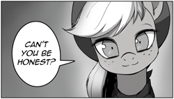 Size: 2705x1535 | Tagged: safe, artist:anonymous, derpibooru import, applejack, earth pony, pony, bandana, cute, dialogue, drawthread, female, jackabetes, manga, mare, monochrome, ponified, requested art, solo, speech bubble, talking to viewer