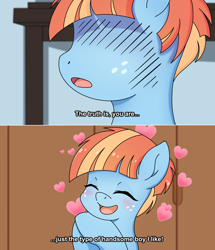 Size: 1400x1628 | Tagged: safe, artist:anonymous, derpibooru import, windy whistles, pegasus, pony, 2 panel comic, anime, blushing, comic, dialogue, drawthread, female, floating heart, heart, mare, ponified, requested art, solo, the helpful fox senko-san