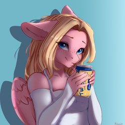 Size: 3982x4000 | Tagged: safe, artist:miokomata, derpibooru import, oc, oc only, oc:mio, anthro, pegasus, bare shoulders, can, drink, ears, female, floppy ears, freckles, gradient background, high res, ice tea, looking at you, mare, signature, smiling, smiling at you, solo