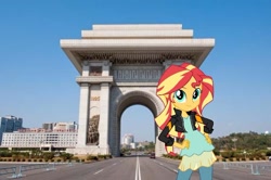 Size: 720x479 | Tagged: safe, artist:sugar-loop, derpibooru import, edit, sunset shimmer, human, better together, equestria girls, game stream, arch of triumph (pyongyang), clothes, converse, equestria girls in real life, female, hand on hip, irl, north korea, photo, pyongyang, shoes, sneakers, solo, vector, vector edit