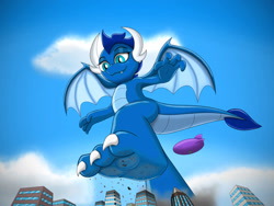 Size: 1032x775 | Tagged: safe, alternate version, artist:neondragon, derpibooru import, oc, oc only, oc:cobalt the dragon, dragon, city, crush fetish, crushing, dragoness, feet, female, fetish, giantess, macro, male, smiling, solo, teenaged dragon, wings