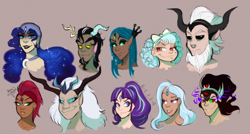 Size: 1356x726 | Tagged: safe, artist:xxdemonpeachxx, derpibooru import, cozy glow, discord, king sombra, lord tirek, nightmare moon, queen chrysalis, starlight glimmer, storm king, tempest shadow, trixie, human, my little pony: the movie, antagonist, bust, elf ears, eye scar, facial scar, female, forehead jewel, grin, horn, horned humanization, humanized, male, portrait, s5 starlight, scar, simple background, smiling