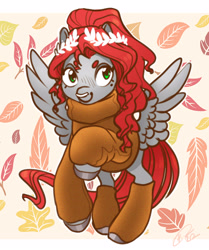 Size: 2509x3000 | Tagged: safe, artist:opalacorn, derpibooru import, oc, oc only, oc:void, pegasus, pony, autumn, clothes, falling leaves, female, high res, laurel, leaf, leaves, leg warmers, mare, nose piercing, nose ring, piercing, raised hoof, raised leg, smiling, solo, spread wings, sweater, turtleneck, wings