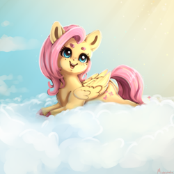 Size: 4000x4000 | Tagged: safe, artist:miokomata, derpibooru import, fluttershy, pegasus, pony, absurd resolution, beanbrows, cloud, cute, daaaaaaaaaaaw, eyebrows, female, freckles, freckleshy, happy, looking up, lying down, lying on a cloud, mare, on a cloud, open mouth, open smile, prone, shyabetes, smiling, solo, sploot, weapons-grade cute