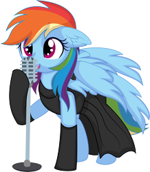 Size: 6262x7165 | Tagged: safe, artist:cyanlightning, derpibooru import, rainbow dash, pegasus, pony, .svg available, absurd resolution, clothes, dress, evening gloves, female, gloves, long gloves, mare, microphone, rainbow dash always dresses in style, simple background, singing, smiling, solo, transparent background, vector