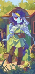 Size: 1936x4096 | Tagged: safe, artist:saxopi, derpibooru import, oc, oc only, oc:blue angel, pegasus, semi-anthro, clothes, hat, looking at you, outdoors, plant, smiling, smiling at you, solo, wings