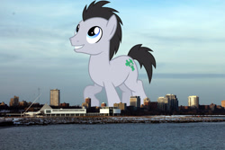 Size: 3072x2048 | Tagged: safe, artist:chainchomp2 edits, artist:jaredking779, derpibooru import, edit, lucky clover, earth pony, pony, background pony, giant pony, giant/macro earth pony, high res, highrise ponies, irl, macro, male, mega giant, milwaukee, photo, ponies in real life, smiling, stallion, wisconsin