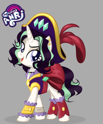 Size: 1978x2373 | Tagged: safe, artist:emperor-anri, derpibooru import, oc, oc only, pony, unicorn, clothes, cuffs (clothes), gray background, hat, horn, pirate hat, simple background, smiling, solo, unicorn oc