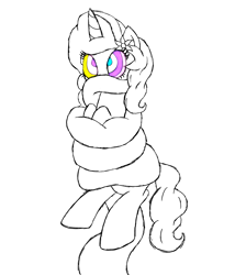 Size: 6000x7000 | Tagged: safe, artist:lunahazacookie, derpibooru import, oc, oc only, pony, unicorn, coils, female, flower, flower in hair, horn, lineart, mare, partial color, simple background, swirly eyes, unicorn oc, white background