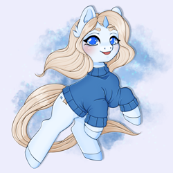 Size: 2048x2048 | Tagged: safe, artist:lumiychan, derpibooru import, oc, oc only, pony, unicorn, abstract background, blushing, clothes, colored hooves, eyelashes, female, horn, mare, solo, sweater, unicorn oc