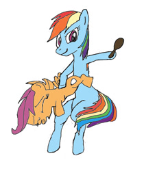 Size: 636x756 | Tagged: safe, derpibooru import, rainbow dash, scootaloo, pegasus, pony, 1000 hours in ms paint, abuse, brush, duo, female, filly, foal, hairbrush, mare, scootabuse, simple background, spanking, white background