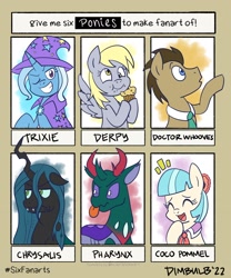 Size: 1704x2047 | Tagged: safe, artist:dimbulb, derpibooru import, coco pommel, derpy hooves, doctor whooves, pharynx, queen chrysalis, trixie, changedling, changeling, earth pony, pegasus, pony, unicorn, food, muffin, six fanarts, tongue, tongue out