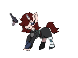 Size: 1920x1440 | Tagged: safe, artist:sw.f, derpibooru import, oc, oc only, oc:stowe finberg, unicorn, gun, handgun, pistol, simple background, solo, weapon, white background