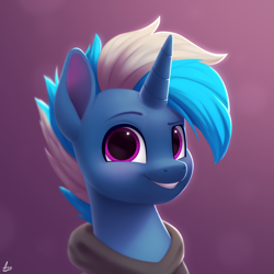 Size: 2000x2000 | Tagged: safe, artist:luminousdazzle, derpibooru import, oc, oc only, oc:silver comet, pony, unicorn, bust, clothes, gift art, grin, hoodie, horn, magenta eyes, male, portrait, semi-realistic, signature, simple background, smiling, solo, stallion, unicorn oc