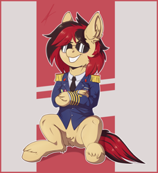 Size: 2572x2820 | Tagged: safe, artist:ivanmidnight, derpibooru import, oc, oc only, earth pony, pony, abstract background, aviator sunglasses, clothes, glasses, male, military uniform, necktie, pins, solo, sunglasses, uniform