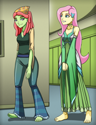 Size: 2785x3600 | Tagged: safe, artist:artemis-polara, derpibooru import, fluttershy, tree hugger, equestria girls, adorasexy, barefoot, barefooting, breasts, canterlot high, choker, chokershy, cleavage, clothes, commission, cute, dress, equestria girls-ified, feet, hootershy, open mouth, pants, ribbon, sexy, shirt, shyabetes, smiling, toes