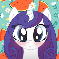 Size: 2000x2000 | Tagged: safe, artist:ramprover, derpibooru import, rarity, pony, unicorn, abstract background, alternate hairstyle, blushing, bust, cute, eye clipping through hair, female, flushed face, front view, happy, horn, looking at you, mare, patterned background, raribetes, side view, smiling, smiling at you, solo, vector