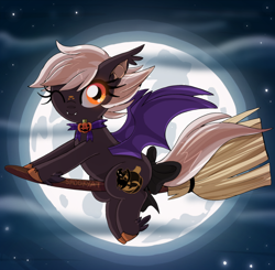 Size: 2510x2455 | Tagged: safe, artist:spookyle, derpibooru import, oc, oc:harvest moon, bat pony, hybrid, pony, bat pony oc, broom, cute, fangs, moon, night, solo, witchy