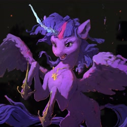 Size: 4096x4096 | Tagged: safe, artist:inkhooves, derpibooru import, twilight sparkle, twilight sparkle (alicorn), alicorn, pony, absurd resolution, black background, crystal horn, female, horn, jewelry, mare, necklace, open mouth, simple background, solo, spread wings, wings