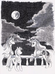 Size: 750x1000 | Tagged: safe, artist:adeptus-monitus, derpibooru import, princess celestia, princess luna, twilight sparkle, twilight sparkle (alicorn), alicorn, mare in the moon, monochrome, moon, tabun art-battle, traditional art