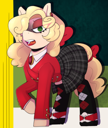 Size: 1680x2000 | Tagged: safe, artist:lockheart, derpibooru import, earth pony, pony, bow, clothes, ear piercing, earring, hair bow, heather chandler, heathers, heathers the musical, jewelry, lipstick, pendant, piercing, ponified, reference, shoes, skirt, socks, solo, tail, tail bow