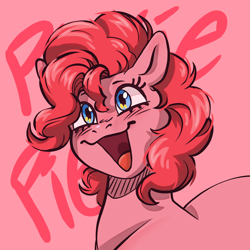 Size: 3000x3000 | Tagged: safe, artist:raccoonsalsafr, derpibooru import, pinkie pie, earth pony, pony, :3, blushing, cute, diapinkes, female, happy, high res, mare, open mouth, open smile, pink background, simple background, smiling, solo