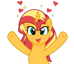 Size: 5000x4273 | Tagged: safe, artist:n0kkun, derpibooru import, sunset shimmer, pony, unicorn, blushing, cute, female, heart, mare, open mouth, raised hoof, raised leg, shimmerbetes, simple background, solo, sparkles, transparent background, ych example, your character here