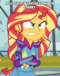 Size: 800x1020 | Tagged: safe, derpibooru import, edit, edited screencap, screencap, sunset shimmer, equestria girls, friendship games, caption, cropped, crossed arms, family guy, frown, gritted teeth, image macro, solo, teeth, text