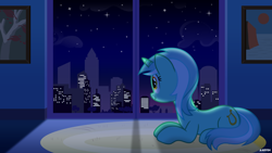 Size: 4800x2700 | Tagged: safe, artist:a4r91n, derpibooru import, lyra heartstrings, pony, unicorn, building, city, cityscape, dark, female, lying down, mare, night, painting, prone, rug, smiling, solo, stars, window