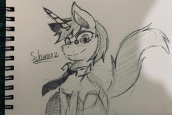 Size: 960x646 | Tagged: safe, artist:schwarz, derpibooru import, oc, oc only, oc:schwarz, unicorn, clothes, hat, sketch, solo, traditional art