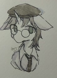 Size: 836x1143 | Tagged: artist needed, safe, artist:schwarz, derpibooru import, oc, oc:schwarz, unicorn, clothes, glasses, hat, traditional art, watercolor painting