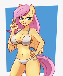 Size: 1310x1595 | Tagged: safe, artist:handgunboi, derpibooru import, fluttershy, anthro, pegasus, absolute cleavage, belly button, big breasts, bikini, blue background, breasts, cleavage, clothes, female, grin, hand on hip, hootershy, looking at you, mare, peace sign, simple background, smiling, smiling at you, solo, swimsuit, white background, white swimsuit