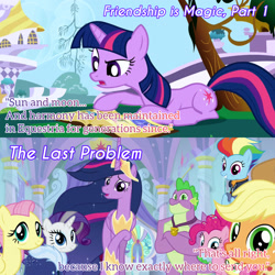 Size: 1920x1920 | Tagged: safe, derpibooru import, edit, edited screencap, editor:itsmgh1203, screencap, applejack, fluttershy, li'l cheese, pinkie pie, princess twilight 2.0, rainbow dash, rarity, spike, twilight sparkle, twilight sparkle (alicorn), unicorn twilight, alicorn, dragon, earth pony, pegasus, pony, unicorn, friendship is magic, season 1, season 9, the last problem, spoiler:s09, applejack's hat, book, clothes, cowboy hat, crossed arms, crown, female, filly, foal, gigachad spike, grin, hat, jewelry, male, mane seven, mane six, mare, older, older applejack, older fluttershy, older mane seven, older mane six, older pinkie pie, older rainbow dash, older rarity, older spike, older twilight, open mouth, open smile, regalia, smiling, text, winged spike, wings