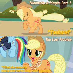 Size: 1920x1920 | Tagged: safe, derpibooru import, edit, edited screencap, editor:itsmgh1203, screencap, applejack, rainbow dash, earth pony, pegasus, pony, friendship is magic, season 1, season 9, the last problem, spoiler:s09, applejack's hat, clothes, cowboy hat, eyes closed, female, flying, hat, mare, offscreen character, older, older applejack, older rainbow dash, solo focus, spread wings, text, wings