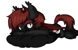 Size: 800x509 | Tagged: safe, artist:egodeath, derpibooru import, oc, oc only, oc:ego death, bat pony, demon, demon pony, base used, black sclera, gradient mane, hug, pillow, pillow hug, simple background, solo, white background