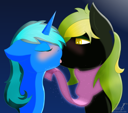 Size: 1250x1111 | Tagged: safe, artist:noir-b, derpibooru import, oc, oc only, oc:scroll finder, oc:vermont black, alicorn, earth pony, pony, blushing, clothes, commission, couple, cute, eyes closed, female, glowing, kissing, lidded eyes, lifting chin, male, rule 63, scarf, simple background, straight